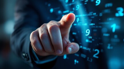 A closeup of a businessmans hand pointing at a futuristic interface with glowing blue numbers, symbolizing technology and digital transformation