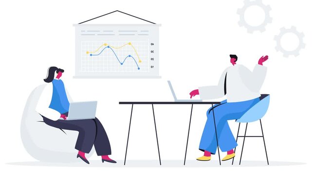 Business meeting illustration with two people discussing data analytics and working on laptops - Powered by Adobe