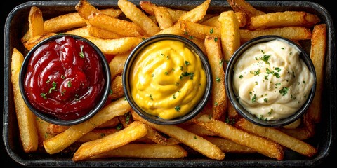 Golden french fries with selection of dipping sauces