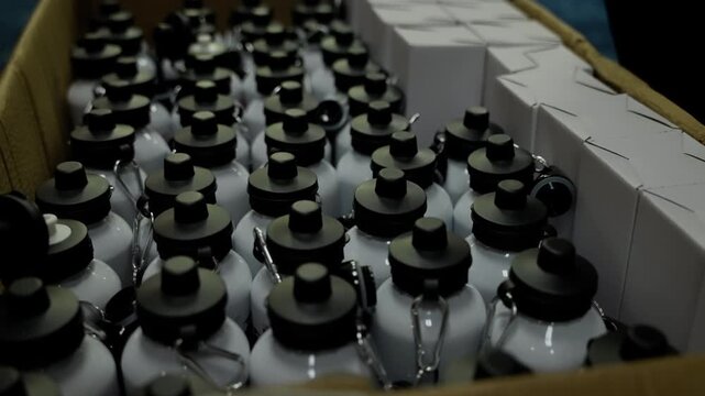 Bulk shipment of white metal water bottles with black screw-top lids and carabiner clips arranged in a cardboard box beside stacked white packaging cartons ready for distribution