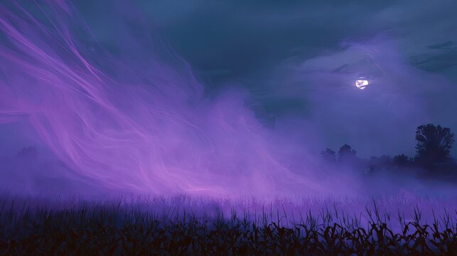 Mysterious ethereal purple mist swirls across a dark cornfield under a full moonlit sky - Powered by Adobe