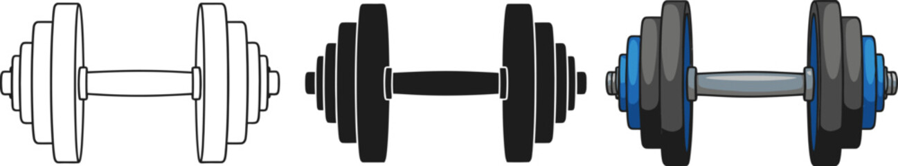 Set of three variations of a dumbbell illustration, including outline, solid black silhouette, and color versions for fitness and exercise concepts.
