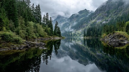 Tranquil alpine lake reflects misty mountains and lush green forests under a dramatic overcast sky