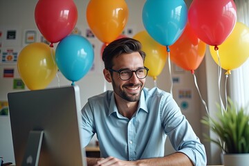 Businessman in casual clothing on video call surrounded by vibrant balloons at office desk.
