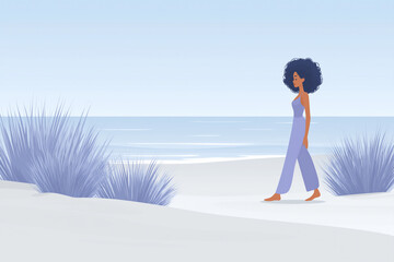 Woman with curly hair walking barefoot on sandy beach, surrounded by coastal grass, enjoying a serene moment by the ocean waves
