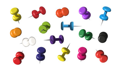 Realistic Collection of Different Colorful Office Pushpins and Thumbtacks with Shadows on Transparent Background
