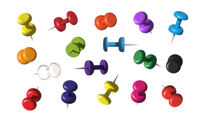 Realistic Collection of Different Colorful Office Pushpins and Thumbtacks with Shadows on Transparent Background