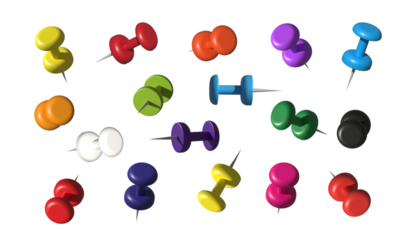 Realistic Collection of Different Colorful Office Pushpins and Thumbtacks with Shadows on Transparent Background