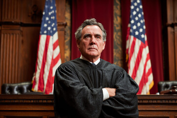 A man in a black robe stands in front of two American flags