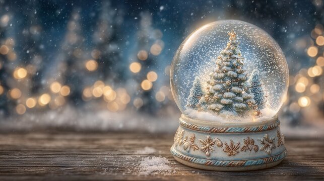 snow globe with a christmas tree inside the snow globe, surrounded by christmas theme  