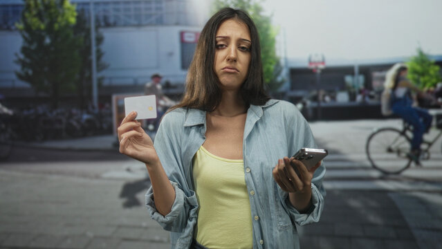 Woman holds creditcard and smartphone on a busy street, pouting and showing a small card near her face; financial frustration. - Powered by Adobe