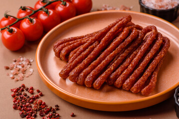 Smoked cabanossi, thin salami sausage, meat sticks, or snacks. Cabanossi sausage