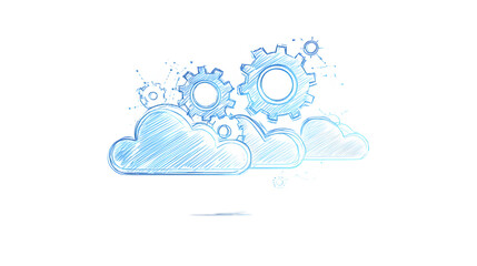 Cloud technology sketch with cloud gear icon, digital data symbols, light blue illustration style on white background, concept of data synchronization