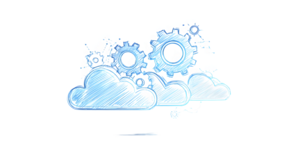 Cloud technology sketch with cloud gear icon, digital data symbols, light blue illustration style on white background, concept of data synchronization