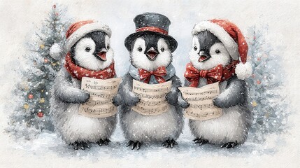 three cute penguins standing in a row, singing christmas carols, near a christmas tree, in the style of watercolor paint  
