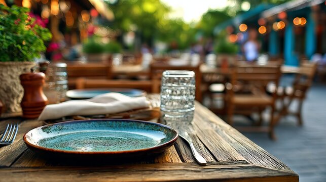 Inviting outdoor restaurant table setting with rustic charm, ready for a delightful dining experience under warm ambient lights