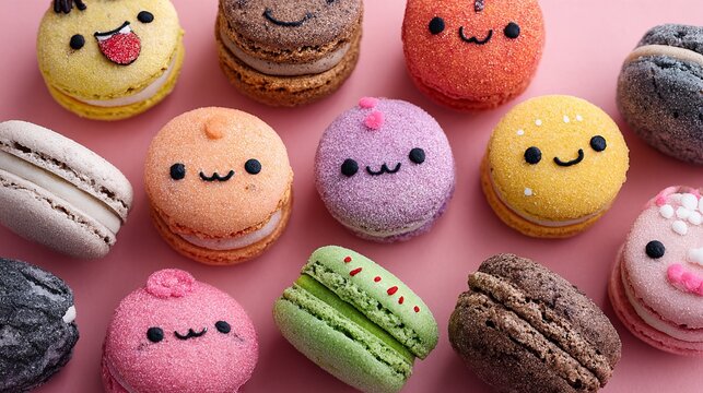 Adorable Kawaii Macarons Burst with Sweet Delight in Vibrant Pastel Colors, Bringing Joyful Smiles to Every Treat Lover's Day - Powered by Adobe