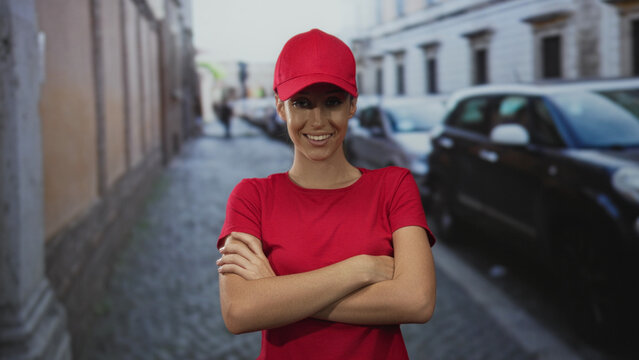 Woman with crossed arms wearing red cap and red t shirt on a cobblestone street, smiling with closed eyes and relaxed posture; confidence reliability.