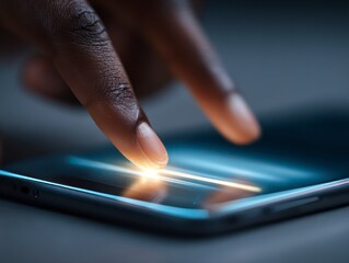 A close-up of a hand moving a glowing element on a simplified, futuristic mobile phone screen wireframe