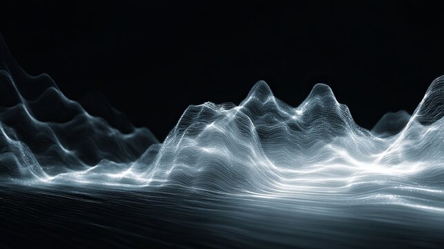 Dynamic abstract digital waveform visualization glowing with bright light against dark background, perfect for tech concepts