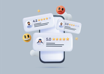 Online customer satisfaction Survey service concept, client rate service from experience in application, Consumer give five Star and feedback review for quality, Business 3D render vector illustration