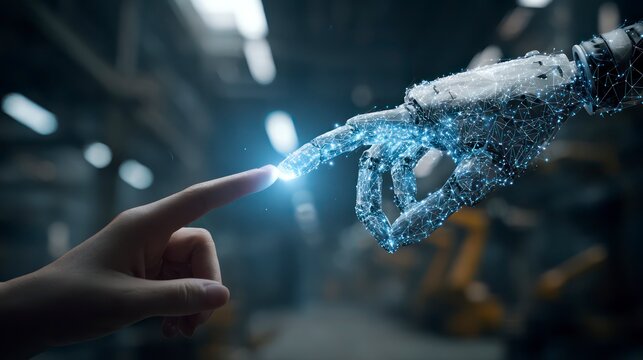 A close-up shot of a human hand gently touching the glowing, polygonal hand of a sophisticated humanoid robot in an industrial setting
