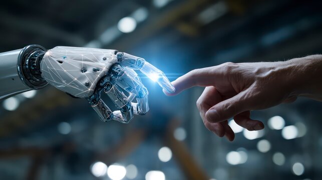 A close-up shot of a human hand gently touching the glowing, polygonal hand of a sophisticated humanoid robot in an industrial setting
