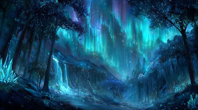 Enchanting ethereal forest scene illuminated by vibrant aurora borealis and cascading waterfall, magical landscape - Powered by Adobe