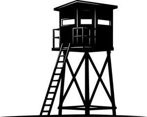 Naklejka premium Silhouette of a hunting blind with ladder on tower 