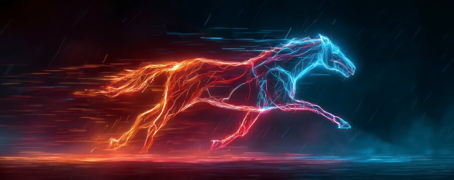 A dynamic, glowing neon outline of a running Horse set against a dark, stormy background with streaks of vibrant Red and Electric Blue light