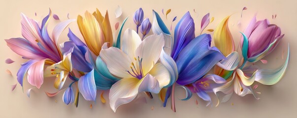 A highly stylized, abstract bouquet of colorful spring flowers (tulips, narcissus, hyacinths) rendered as smooth, flowing 3D  shapes