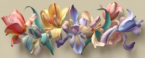 A highly stylized, abstract bouquet of colorful spring flowers (tulips, narcissus, hyacinths) rendered as smooth, flowing 3D  shapes