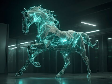 A highly stylized, polygonal sculpture of a powerful running horse, illuminated by neon lines of Transformative Teal