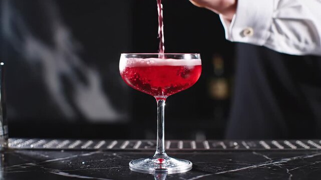 Bartender Pouring Red Cocktail into Glass on Bar Top.