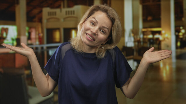 Young blonde woman shrugs hands under warm chandelier lights in hotel building atrium; confusion doubt dilemma hesitation.
