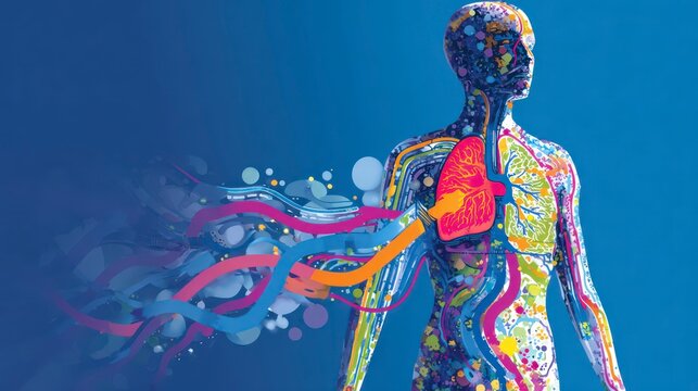 A human figure outlined with abstract, colorful data streams flowing towards a specific, targeted organ within the body model