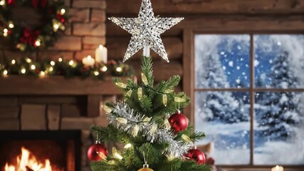 Camera glides upward from bottom of festive Christmas tree, moving past gleaming red ornaments and sparkling lights, before finally reaching radiant star shining brightly at top near snow-filled