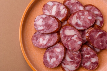 Smoked salami, thin beef or pork sausage, meat snacks. Salami sausage