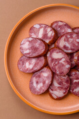 Smoked salami, thin beef or pork sausage, meat snacks. Salami sausage
