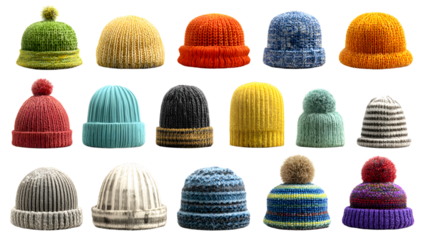 PNG Colorful knitted winter hats collection, element set on transparent background