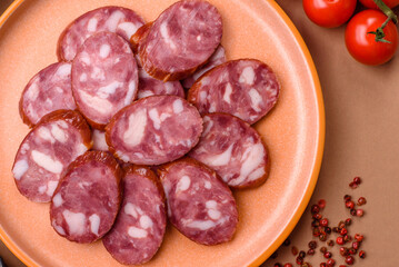 Smoked salami, thin beef or pork sausage, meat snacks. Salami sausage