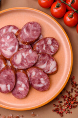 Smoked salami, thin beef or pork sausage, meat snacks. Salami sausage