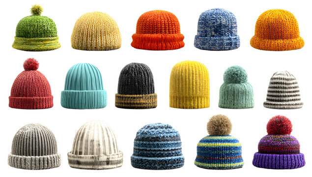 PNG Colorful knitted winter hats collection, element set on transparent background