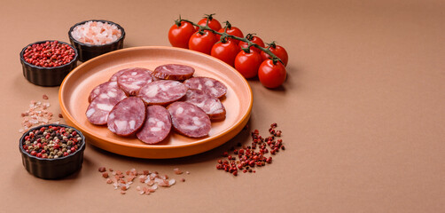 Smoked salami, thin beef or pork sausage, meat snacks. Salami sausage