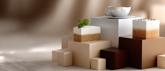 Sweet cakes topped with mint leaves are displayed elegantly alongside a glass of tea in a stylish setting that highlights their beauty