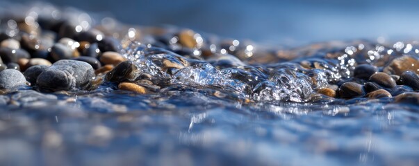 A macro shot of clear, rushing water forming tiny ripples as it flows over smooth pebbles, reflecting the bright blue sky