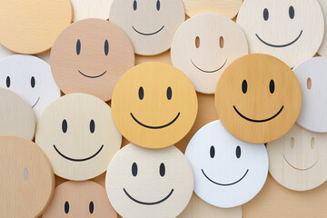 Colorful collection of wooden smiley face decorations arranged in a cheerful pattern, showcasing various expressions and textures for positive vibes