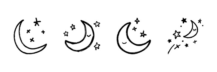 Obraz premium Crescent Moon And Stars Line Icon Set In Doodle Style. Nighttime, Sleep, And Dream Symbolism Outline Sketch Collection. Celestial And Cosmic Theme. Hand Drawn Isolated Vector Illustration