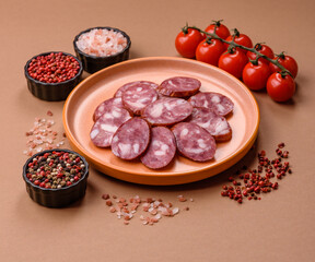 Smoked salami, thin beef or pork sausage, meat snacks. Salami sausage