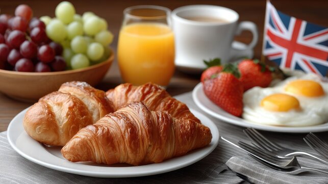 A lovely breakfast with croissants, sunny-side up eggs, fresh fruits, and drinks, all elegantly arranged for a bright morning